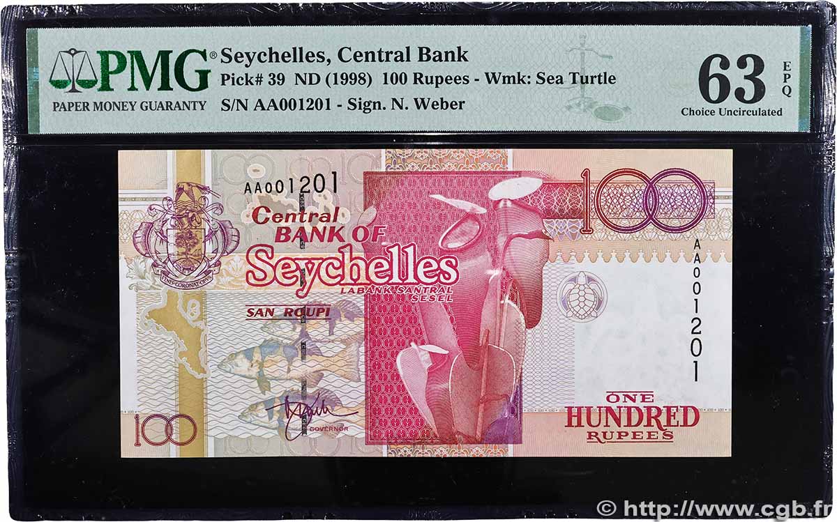 100 Rupees Petit numéro SEYCHELLES 1998 P.39 pr.NEUF