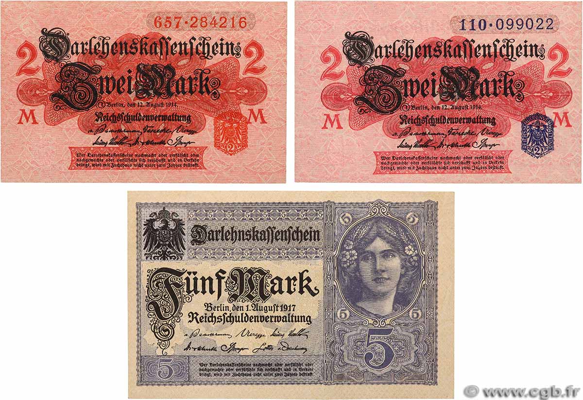 2 et 5 Mark Lot ALLEMAGNE 1914 P.054, P.055 et P.056a pr.NEUF