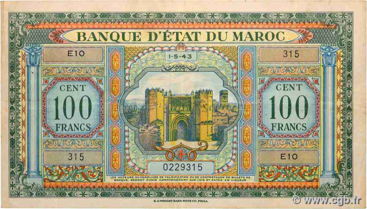 100 Francs MAROC 1943 P.056a pr.TTB
