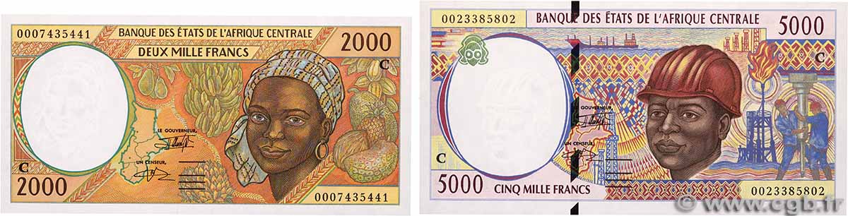 2000 Francs type 1993C et 5000 Francs type 1994C Lot CONGO 2000 A.226Cg et A.227Cf NEUF