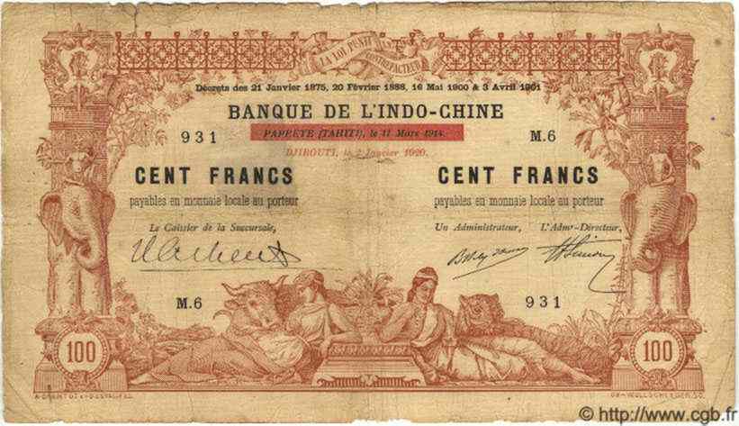 100 Francs DJIBOUTI  1920 P.04b B à TB