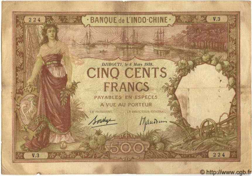 500 Francs DJIBOUTI  1938 P.09b B à TB