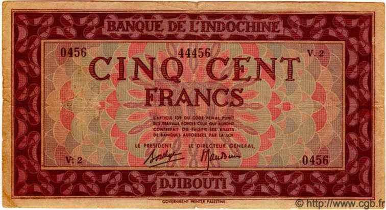 500 Francs Palestine DJIBOUTI  1945 P.17 TB+