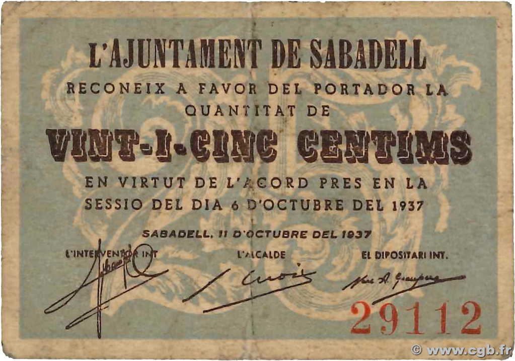 25 Centims ESPAGNE Sabadell 1937 C.536a TB