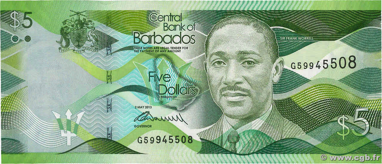 5 Dollars BARBADOS 2013 P.74a UNC