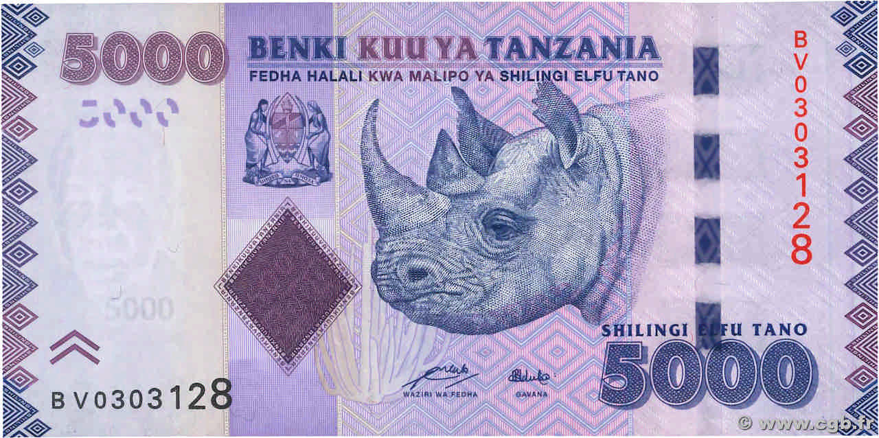 5000 Shilingi TANZANIA 2010 P.43a UNC