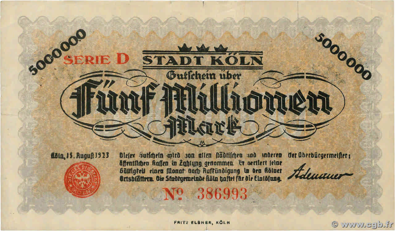 5 Millions Mark GERMANY Köln 1923 VF