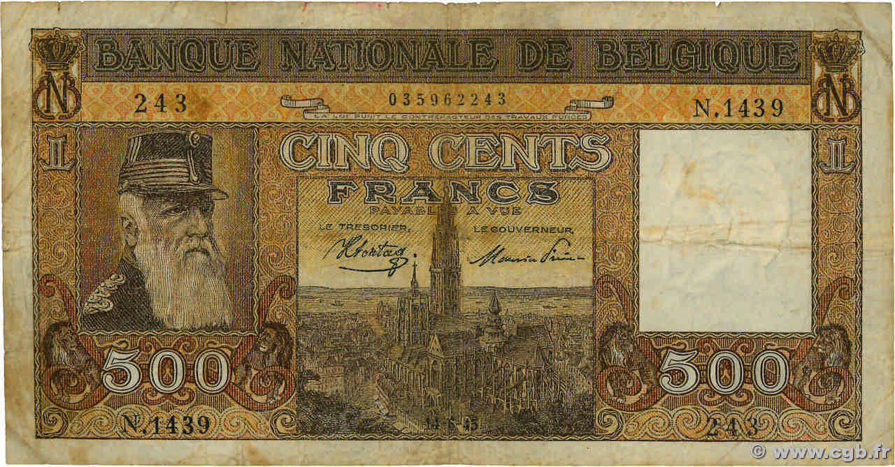 500 Francs BELGIQUE 1945 P.127 TB
