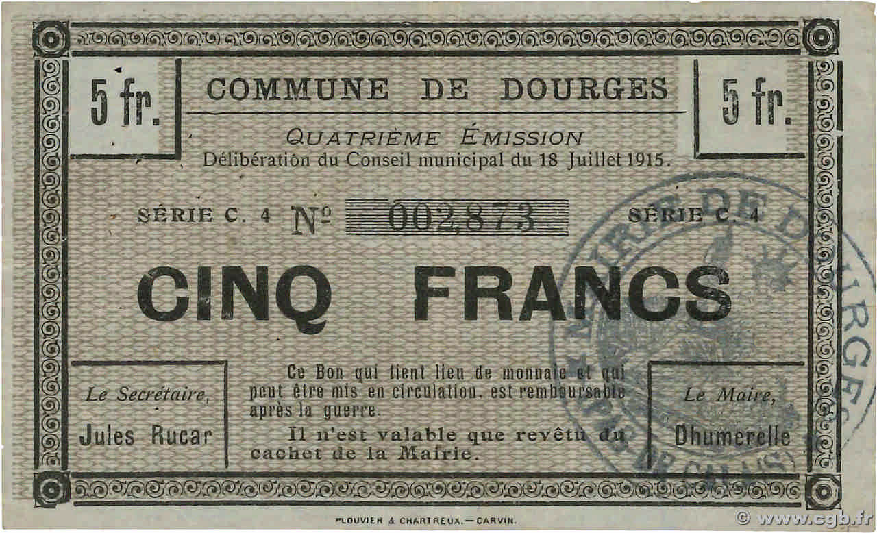 5 Francs FRANCE regionalism and various Dourges 1915 JP.62-0397 XF