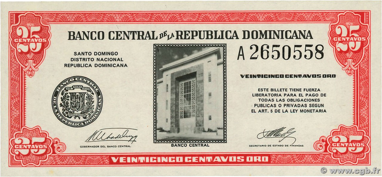 25 Centavos Oro RÉPUBLIQUE DOMINICAINE 1961 P.087a UNC