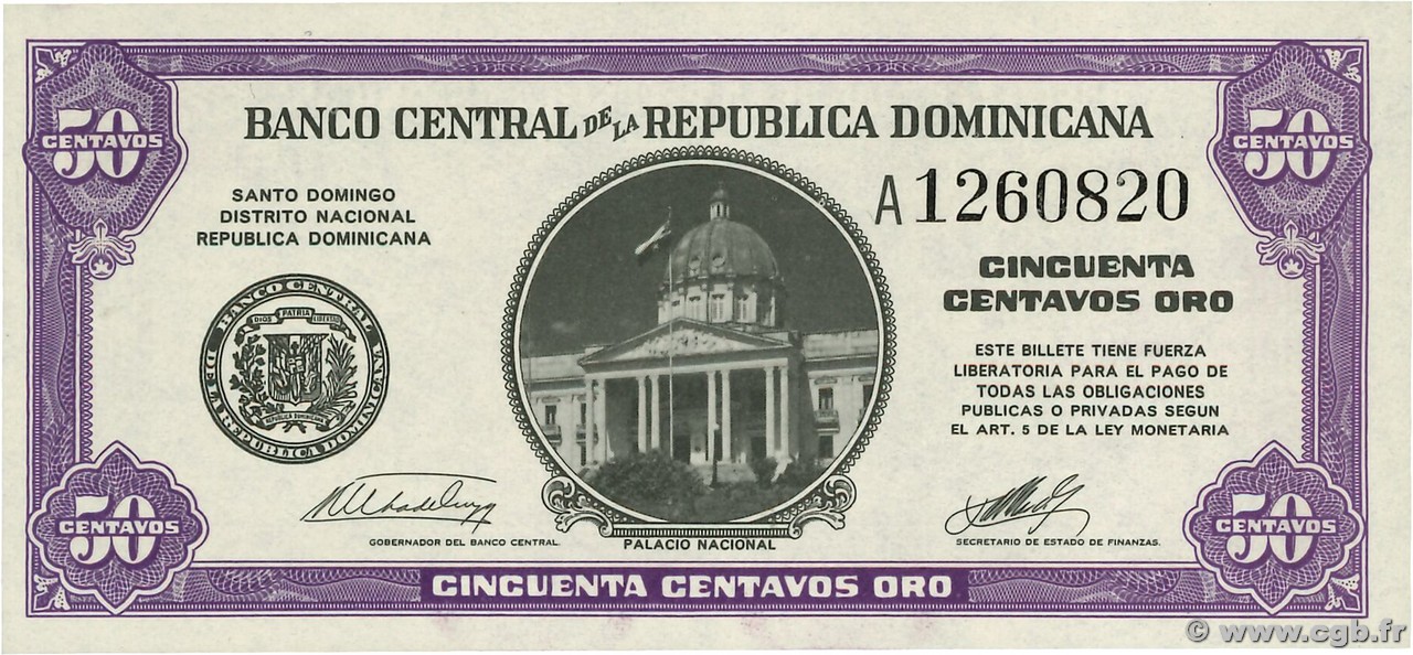 50 Centavos Oro RÉPUBLIQUE DOMINICAINE 1961 P.089a UNC