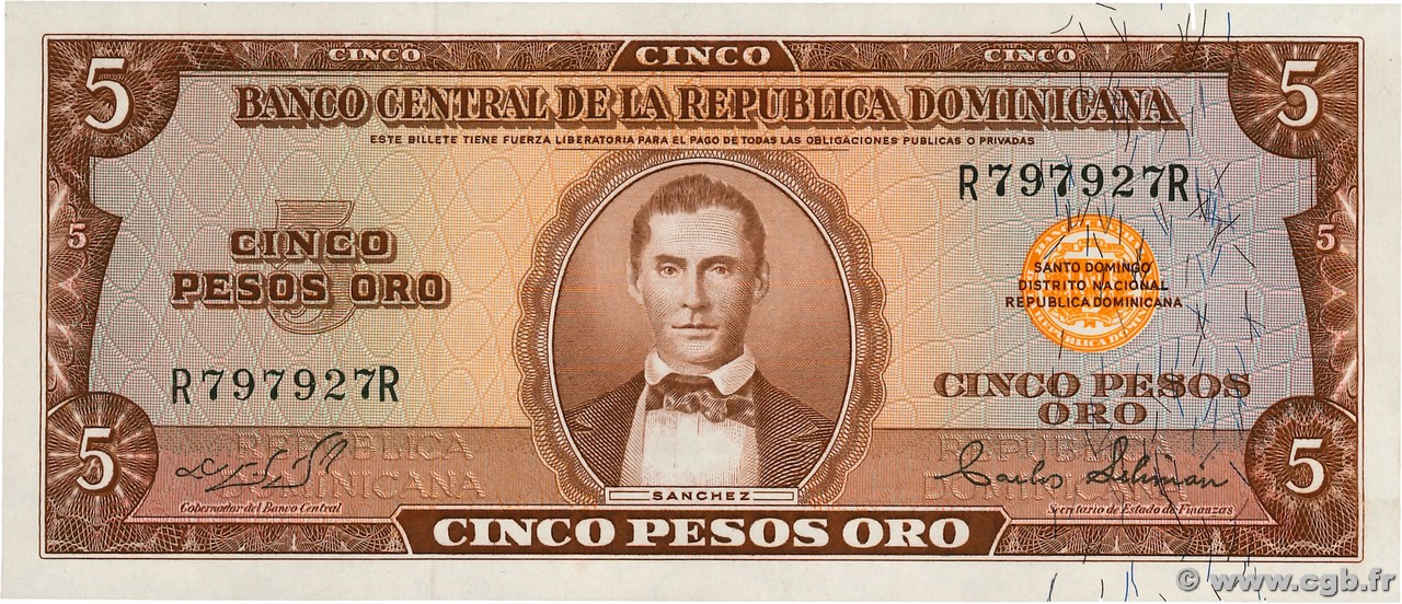 5 Pesos Oro RÉPUBLIQUE DOMINICAINE 1964 P.100a UNC-