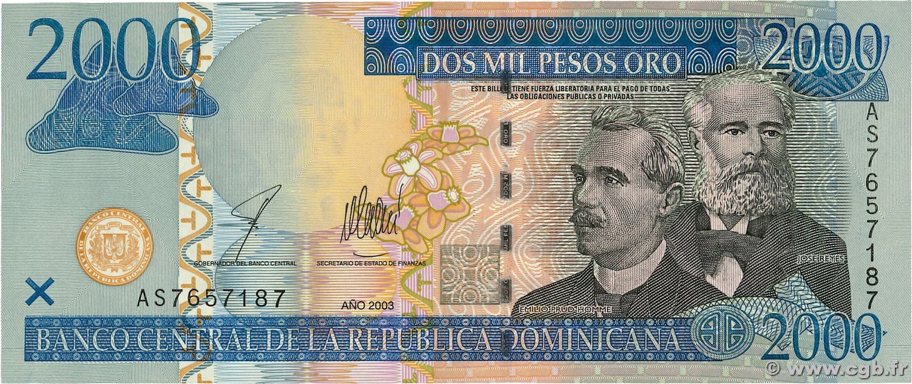2000 Pesos Oro RÉPUBLIQUE DOMINICAINE 2003 P.174b UNC-