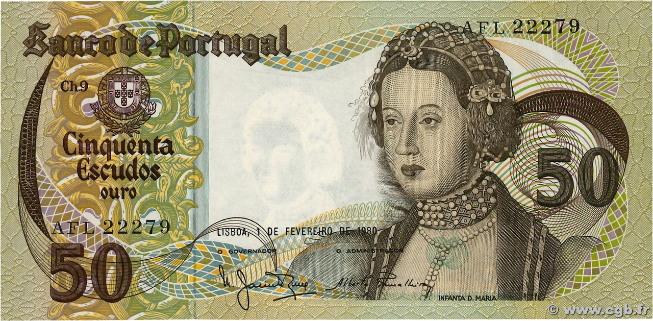 50 Escudos PORTUGAL 1980 P.174b AU