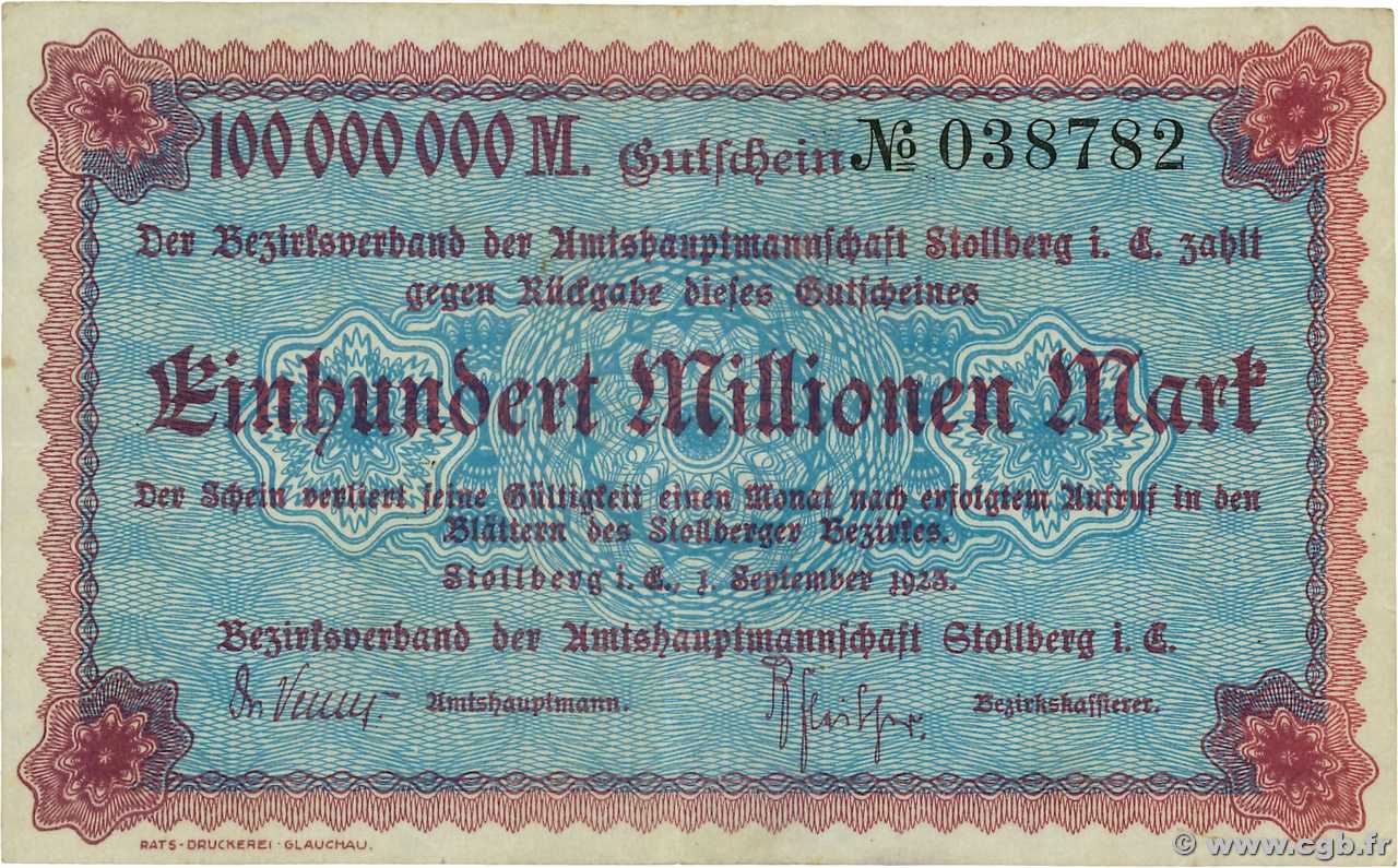 100 Millions Mark ALLEMAGNE Stollberg 1923 TTB