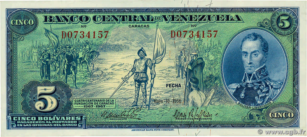 5 Bolivares Commémoratif VENEZUELA 1966 P.049 fVZ