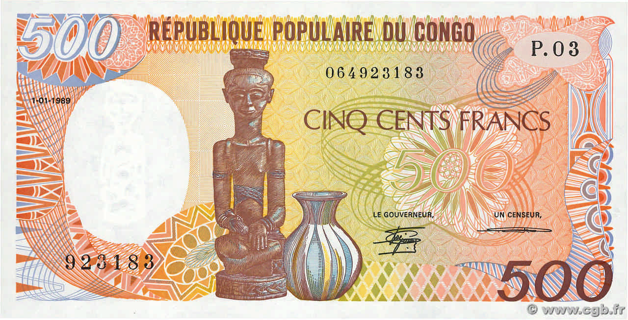 500 Francs type 1985 CONGO 1989 A.216d UNC
