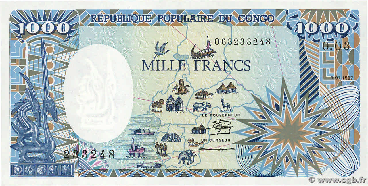 1000 Francs CONGO 1987 P.10a UNC