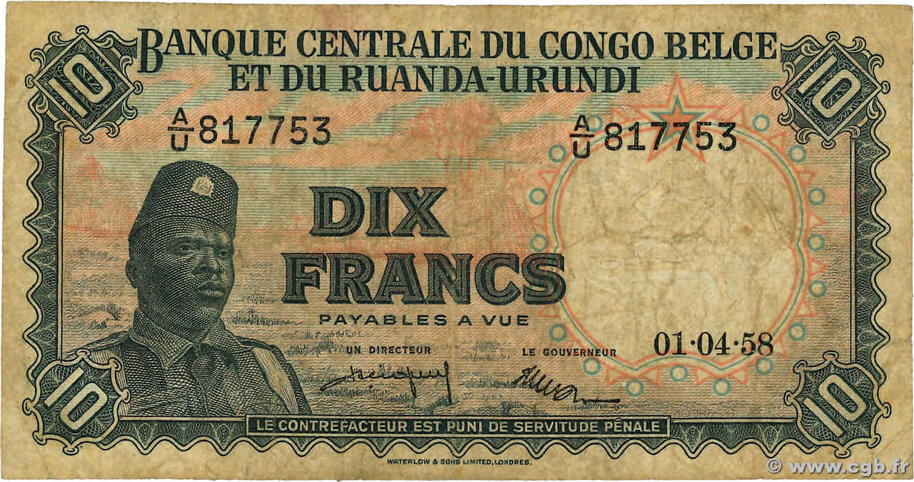 10 Francs BELGIAN CONGO 1958 P.30b F-