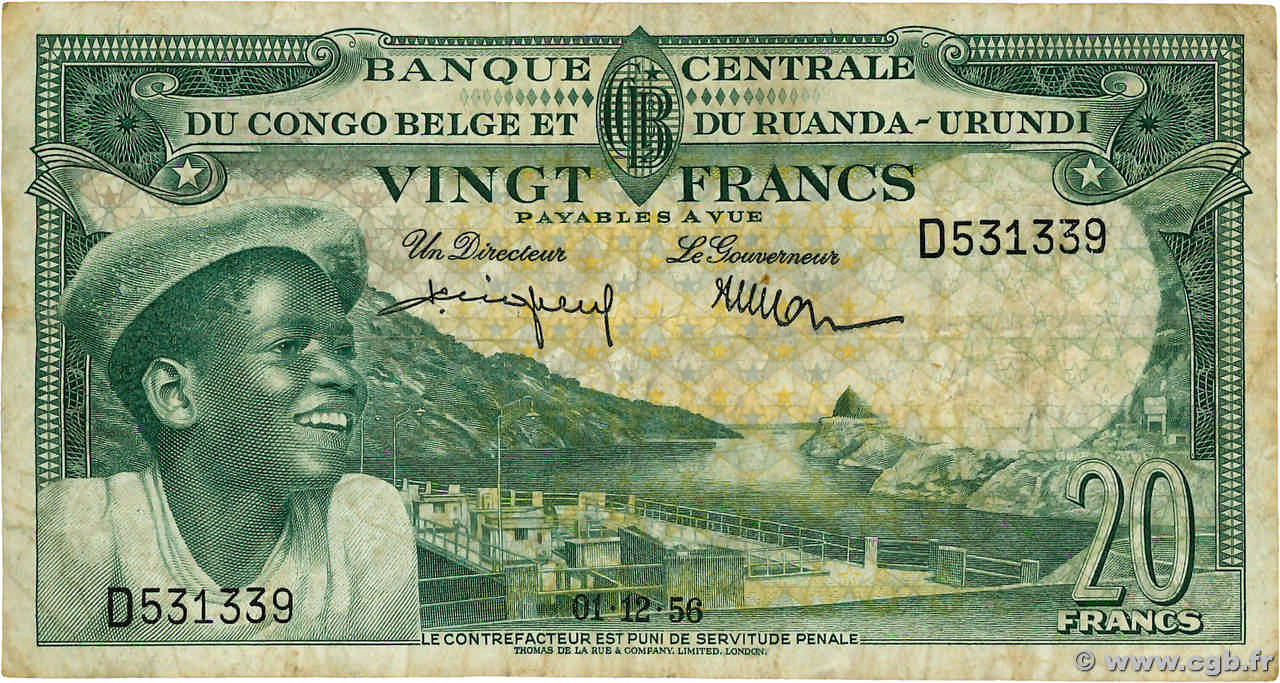 20 Francs BELGIAN CONGO 1956 P.31 F