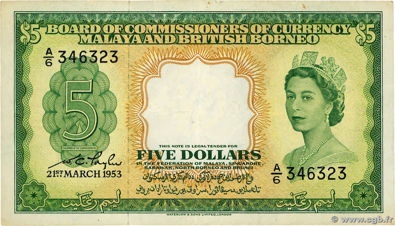 5 Dollars MALAYA and BRITISH BORNEO 1953 P.02a VF