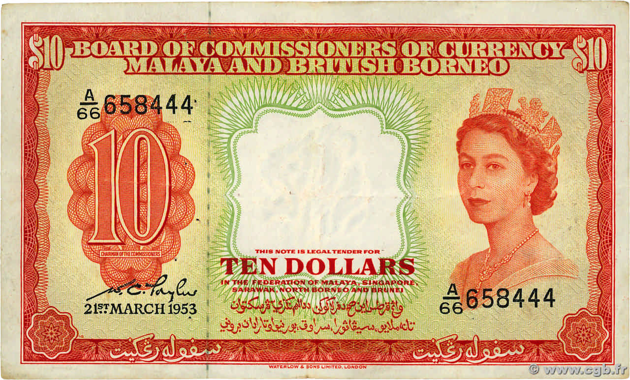 10 Dollars MALAYA and BRITISH BORNEO 1953 P.03a VF