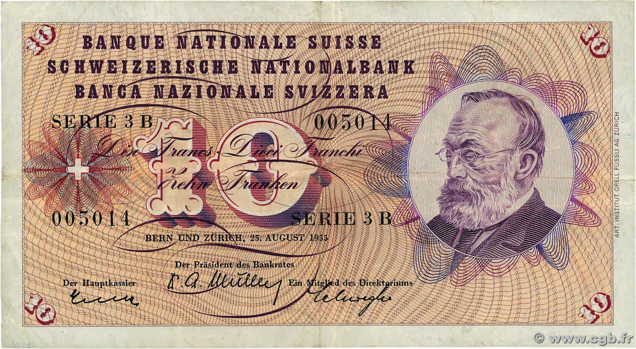 10 Francs SUISSE 1955 P.45a F