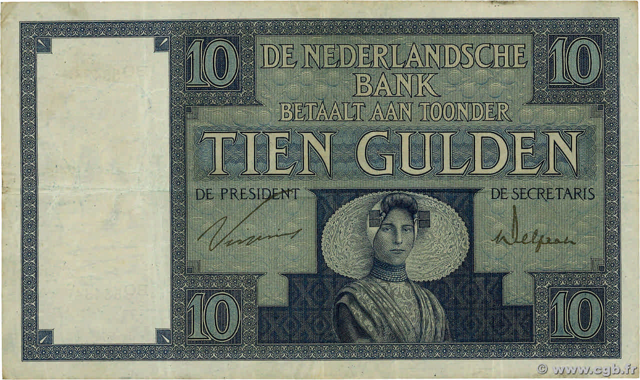 10 Gulden NETHERLANDS 1924 P.043a VF