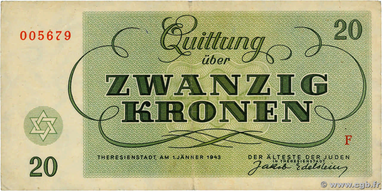 20 Kronen ISRAEL Terezin / Theresienstadt 1943 WW II.705 SS