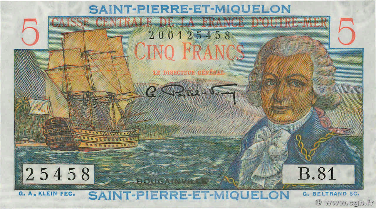 5 Francs Bougainville SAINT PIERRE AND MIQUELON 1946 P.22 UNC