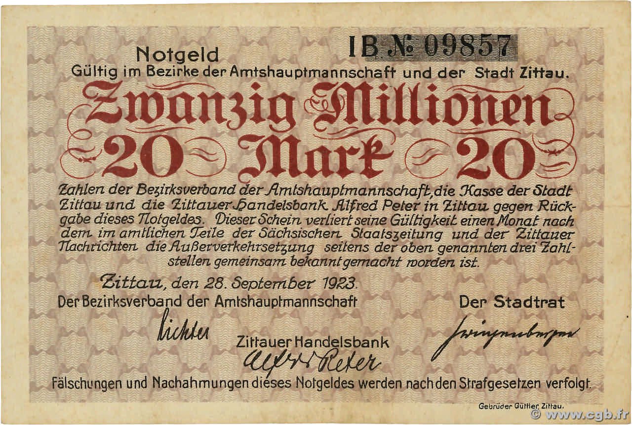 20 Millions Mark ALLEMAGNE Zittau 1923 TTB