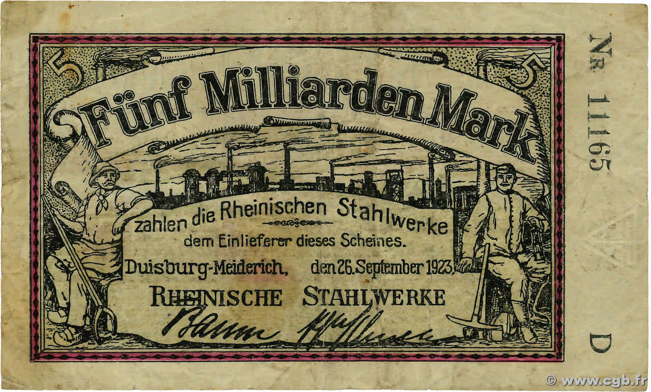 Milliarden Mark Allemagne Duisburg Meiderich B Billets