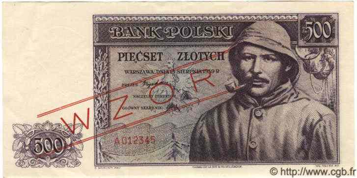 500 Zlotych Spécimen POLOGNE  1939 P.086s pr.NEUF