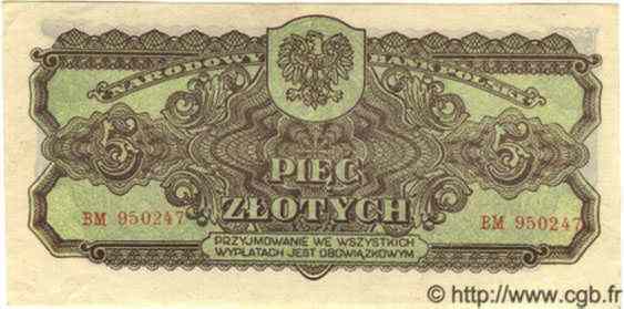 5 Zlotych POLOGNE  1944 P.108 pr.NEUF