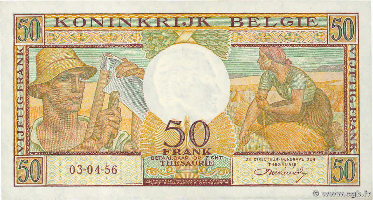 50 Francs BELGIQUE 1956 P 133b B02 2539 Billets