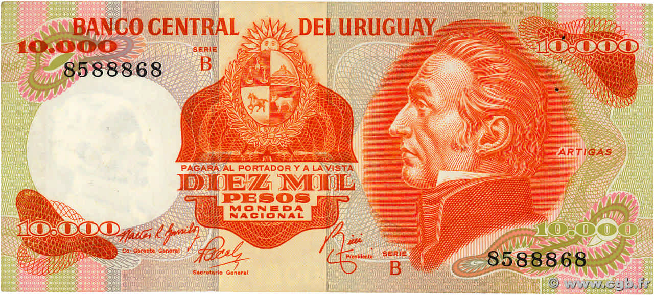 10000 Pesos URUGUAY 1974 P.053b VF
