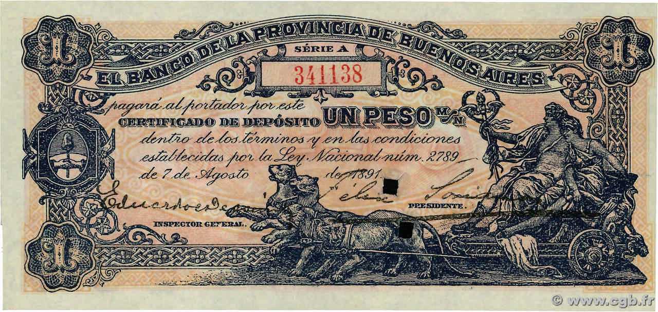 1 Peso Annulé ARGENTINA 1891 PS.0573b AU+