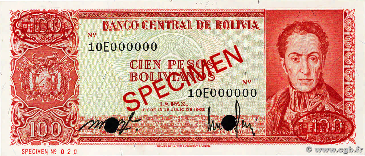 100 Pesos Bolivianos Spécimen BOLIVIA 1962 P.164s UNC