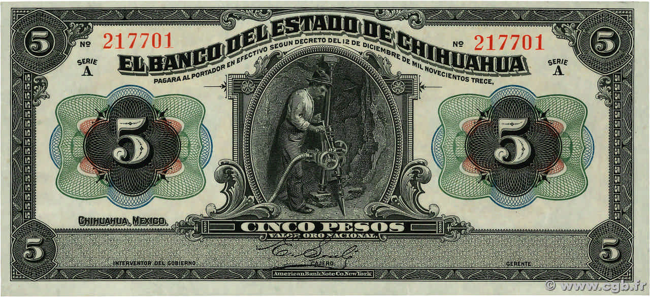 5 Pesos MEXICO 1913 PS.0132a AU-
