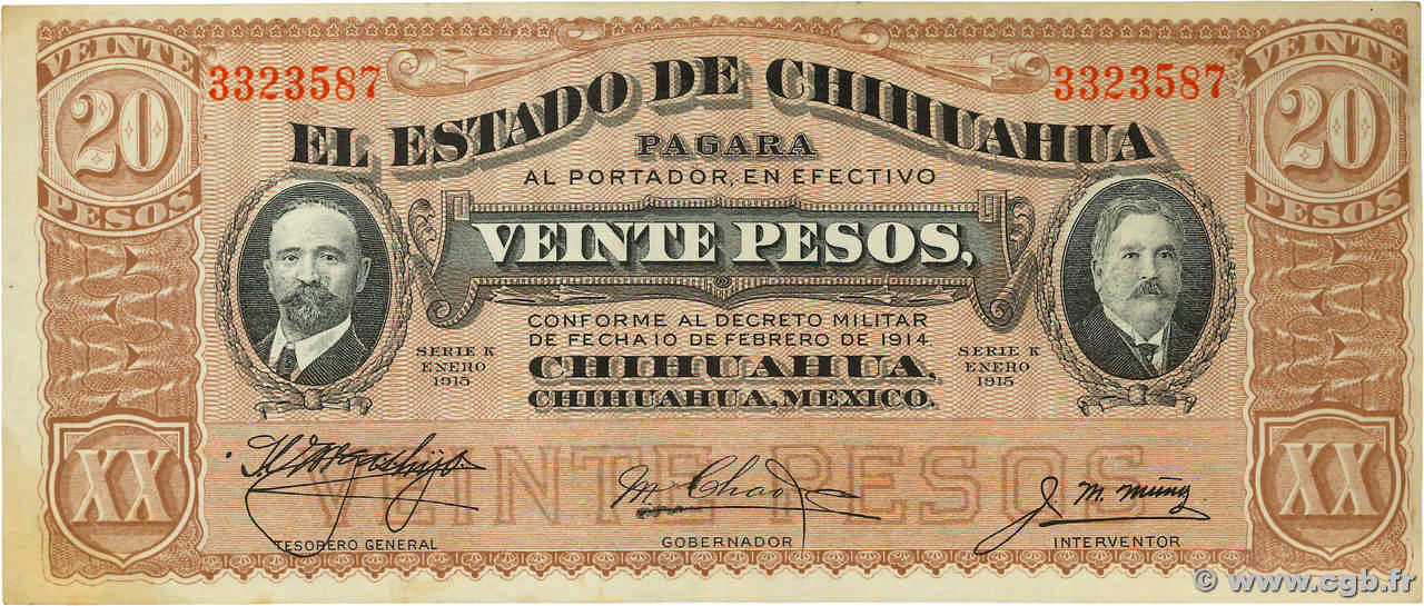 20 Pesos MEXICO 1915 PS.0537b XF+
