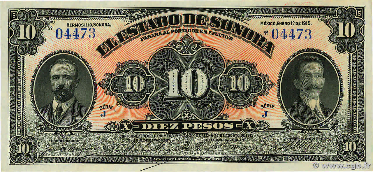 10 Pesos MEXICO Hermosillo 1915 PS.1073 UNC-