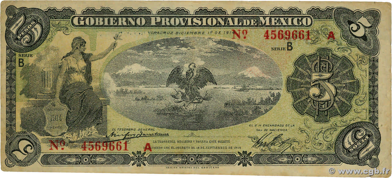 5 Pesos MEXICO Veracruz 1914 PS.1104a VF