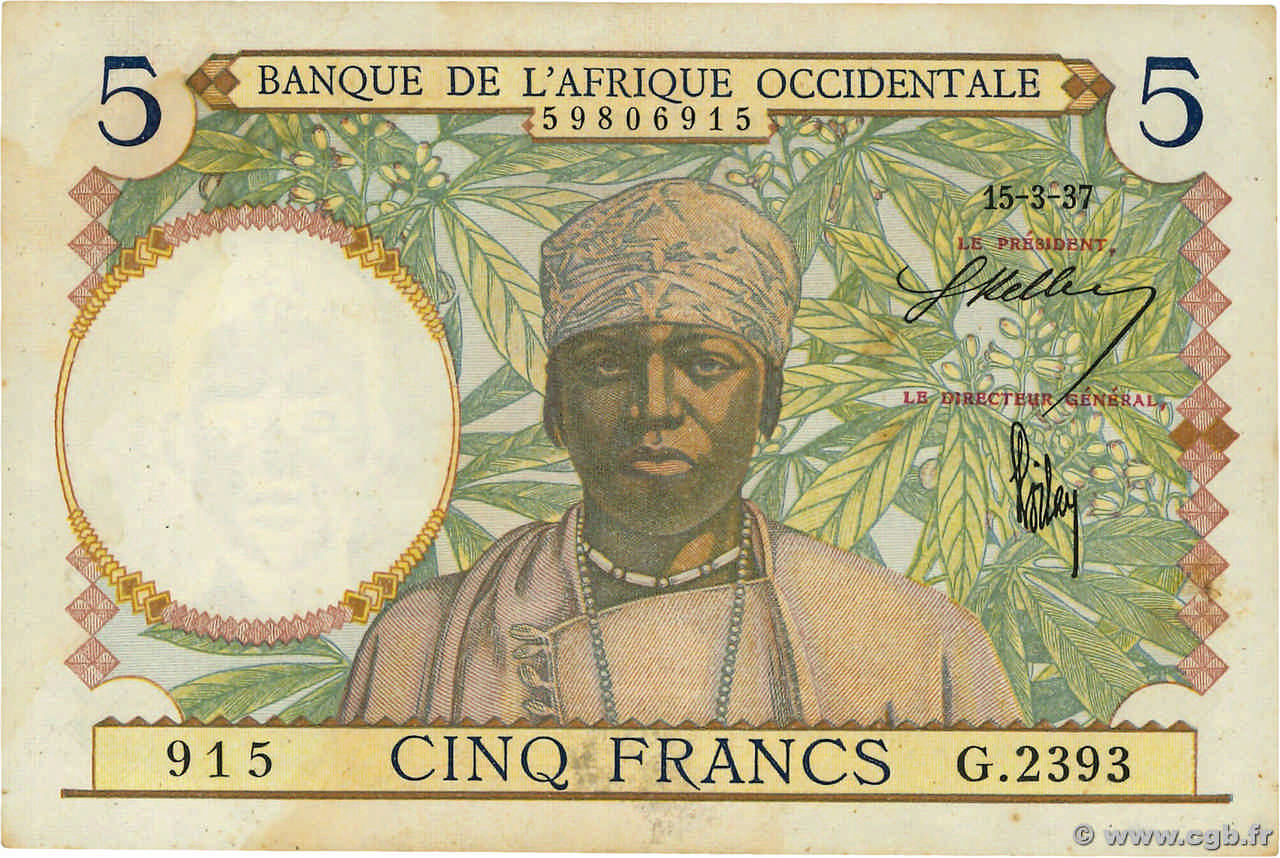 5 Francs FRENCH WEST AFRICA (1895-1958) 1937 P.21 AU