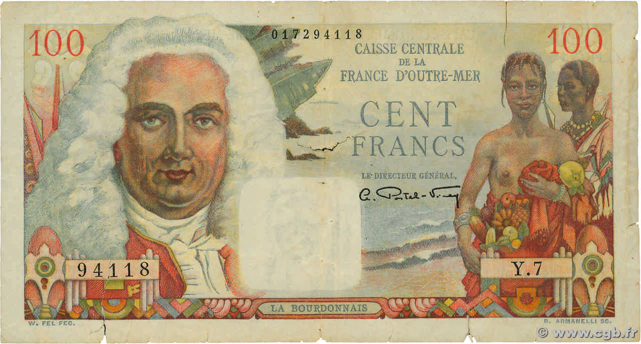 100 Francs La Bourdonnais CCFOM FRENCH EQUATORIAL AFRICA 1947 A.133a F-