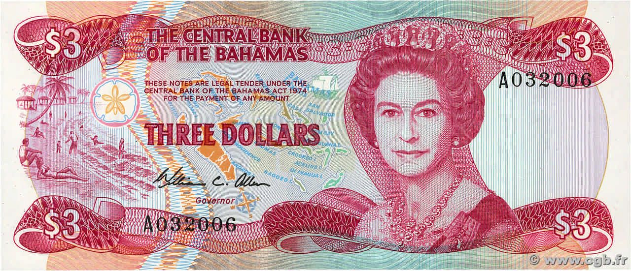 3 Dollars BAHAMAS 1984 P.44 UNC