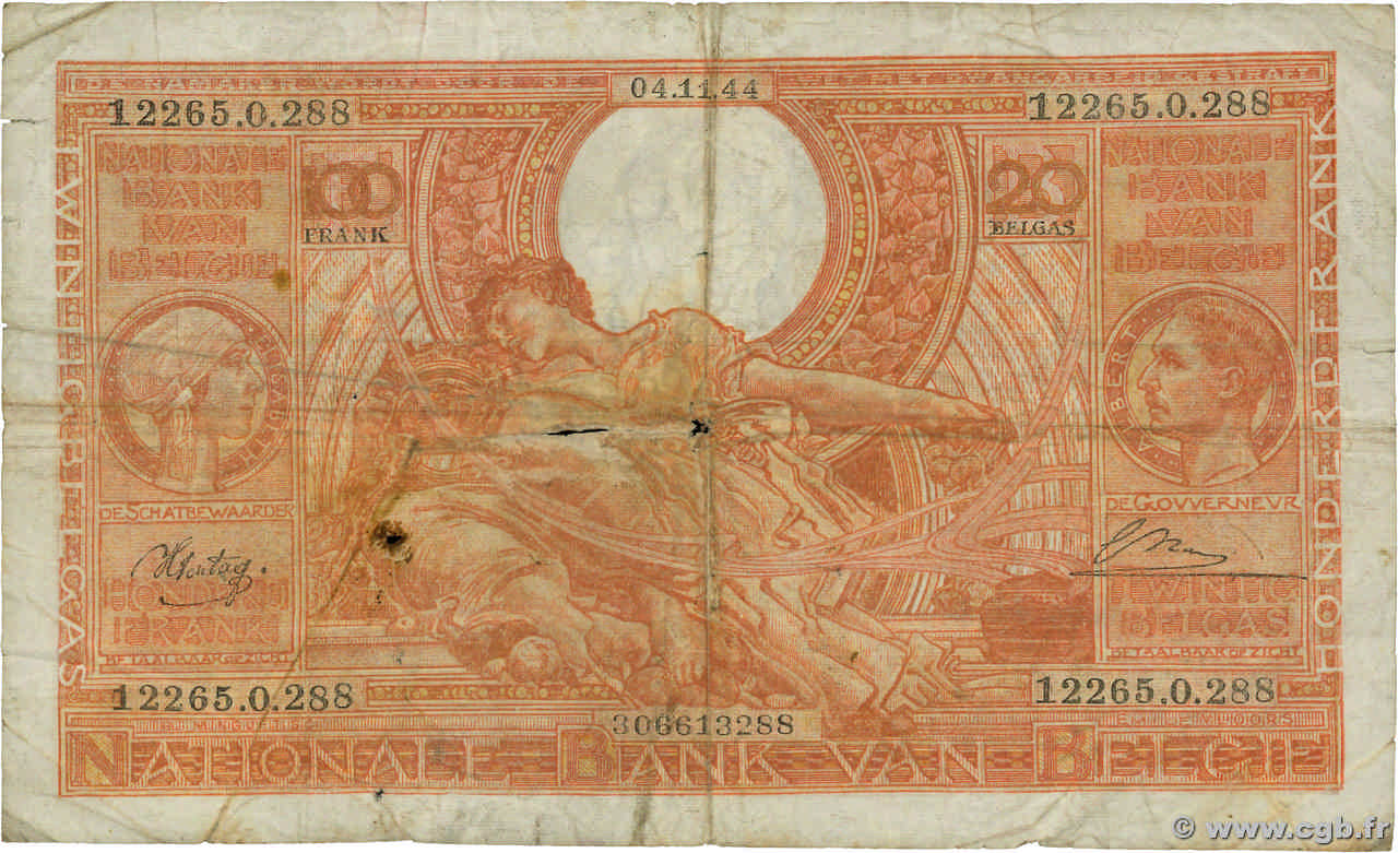 100 Francs - 20 Belgas BELGIUM 1944 P.114 F-