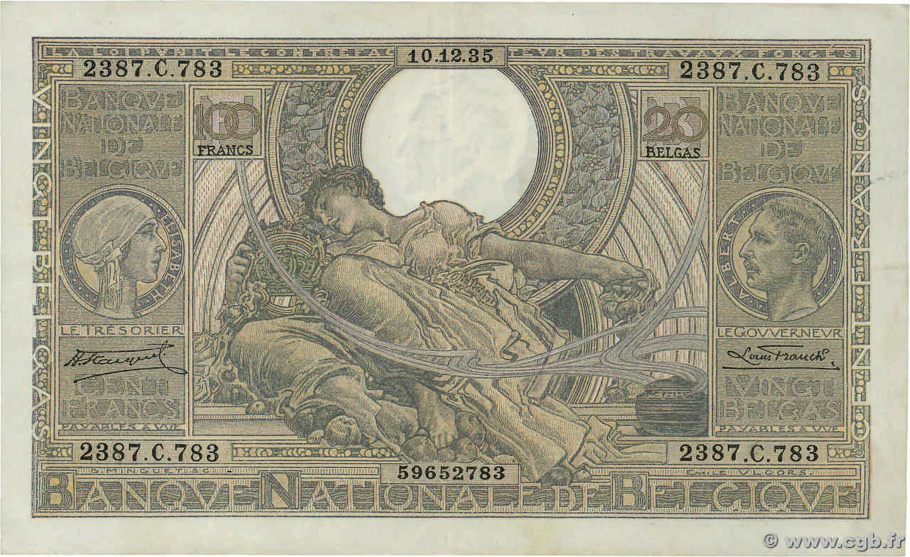 100 Francs - 20 Belgas BELGIUM 1935 P.107 XF