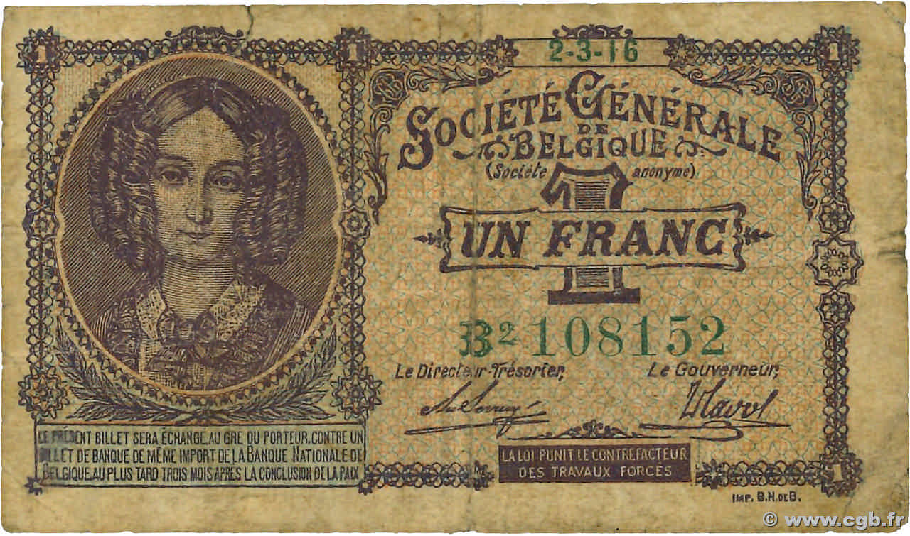 1 Franc BELGIUM 1916 P.086b VG