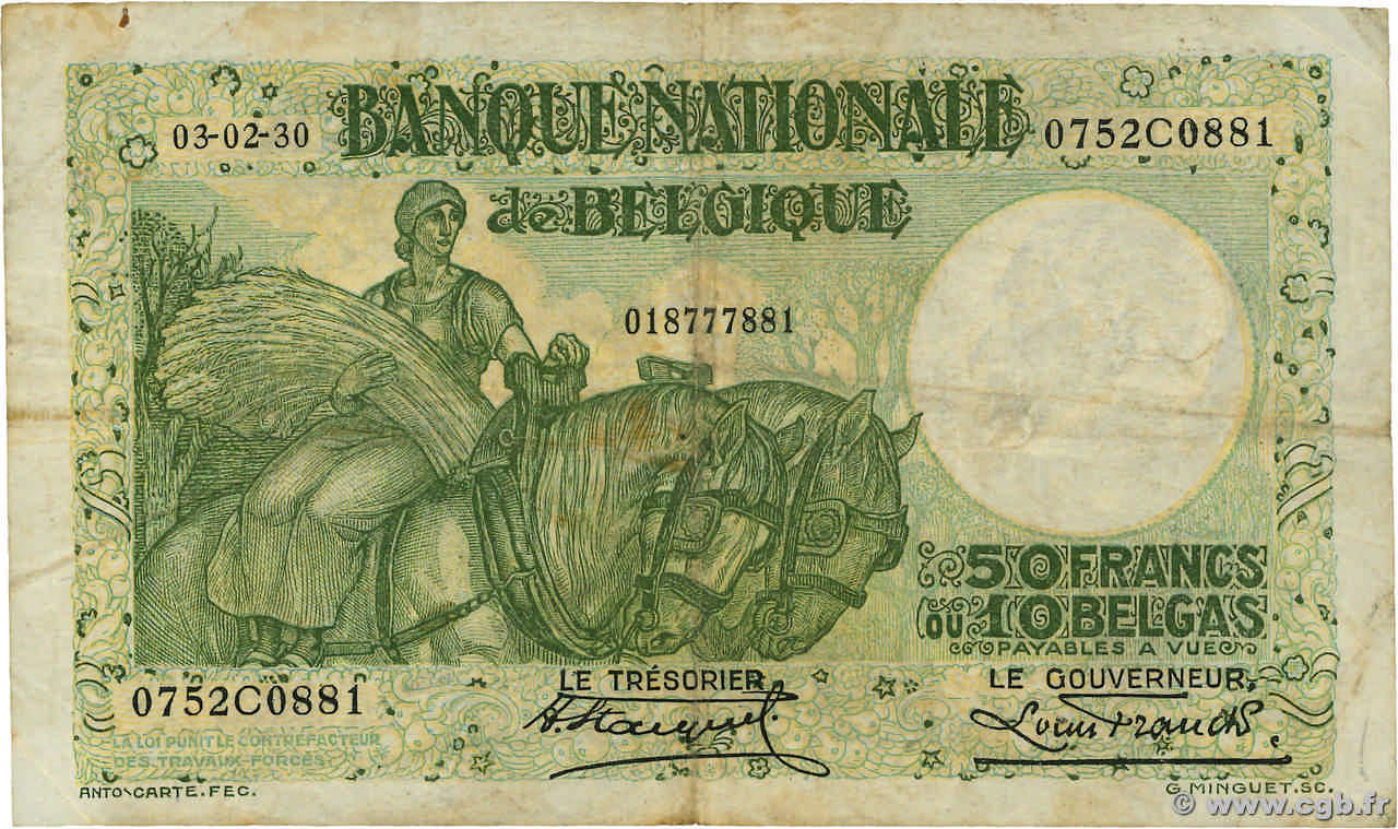 50 Francs - 10 Belgas BELGIUM 1930 P.101 F+