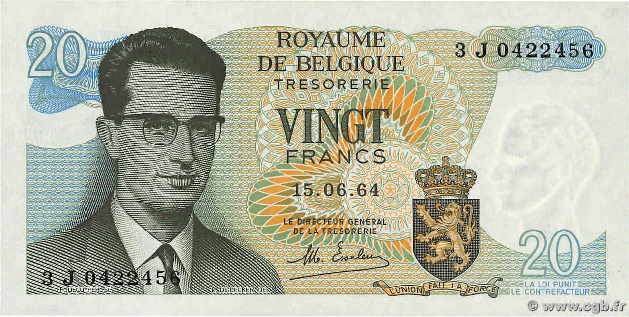 20 Francs BELGIUM 1964 P.138 UNC-